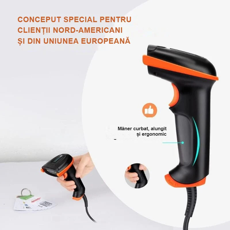 Mânerul ergonomic curbat și alungit al cititorului de coduri de bare