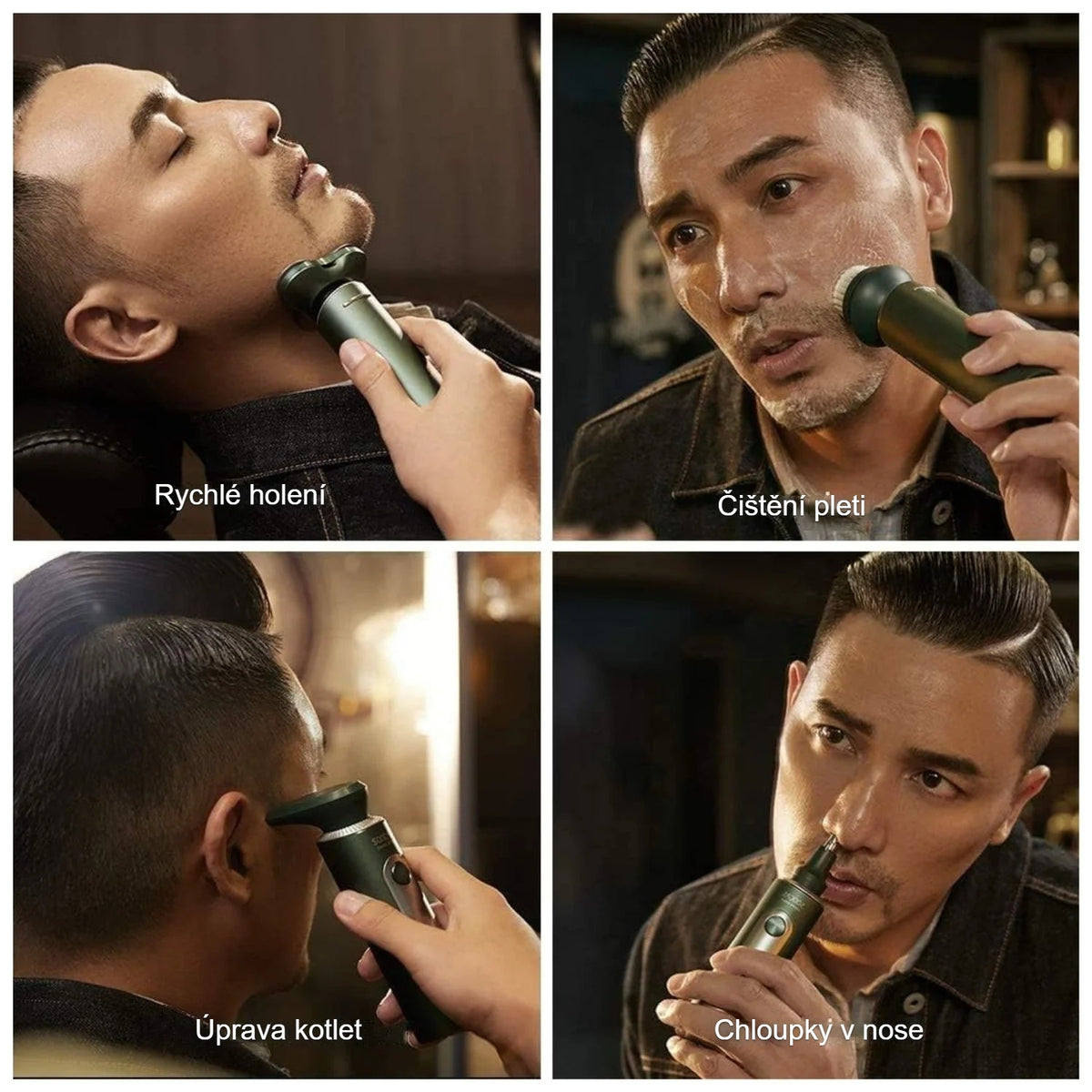 Holení, úprava kotlet, zastřihování chloupků v nose a čištění pleti s nástavci Soocas S5