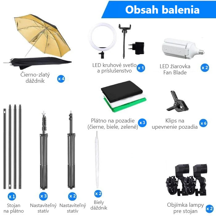 Obsah balenia fotoštúdio setu s dáždnikmi