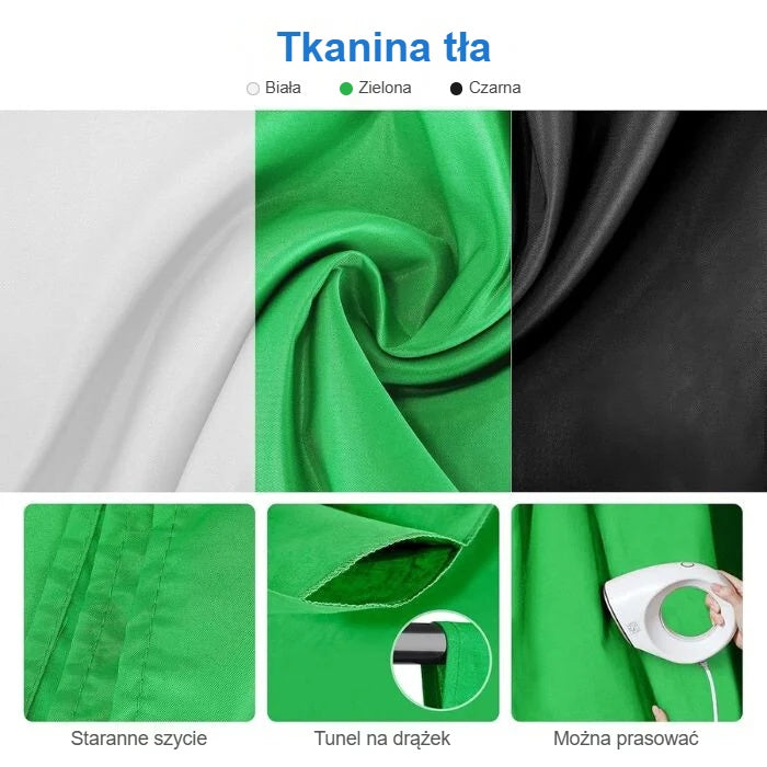 Białe, zielone i czarne tło fotograficzne z tunelem na drążek z zestawu studyjnego