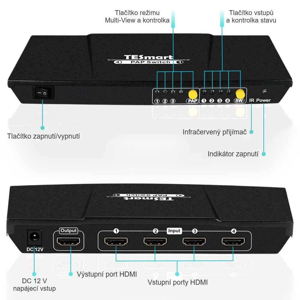 Přední panel HDMI přepínače s tlačítky a zadní panel se 4 vstupy a 1 výstupem