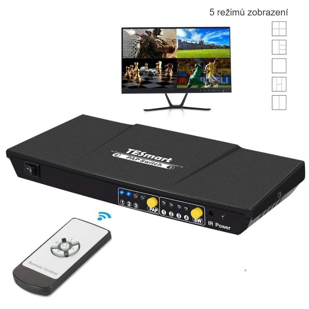 HDMI přepínač 4x1 s ovladačem, na monitoru obraz rozdělený na čtyři