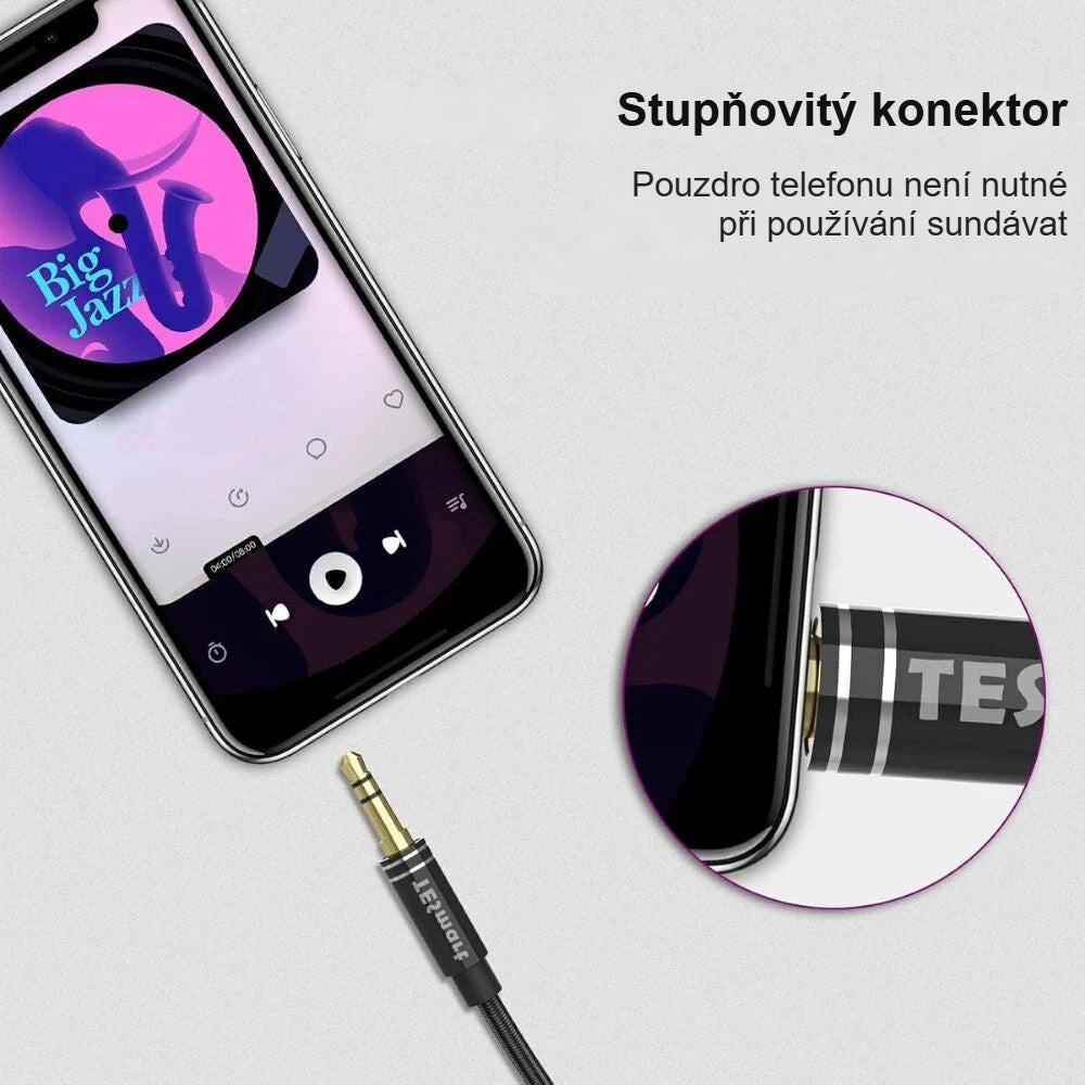 Stupňovitý konektor prodlužovacího kabelu jack funguje i s pouzdrem na telefon