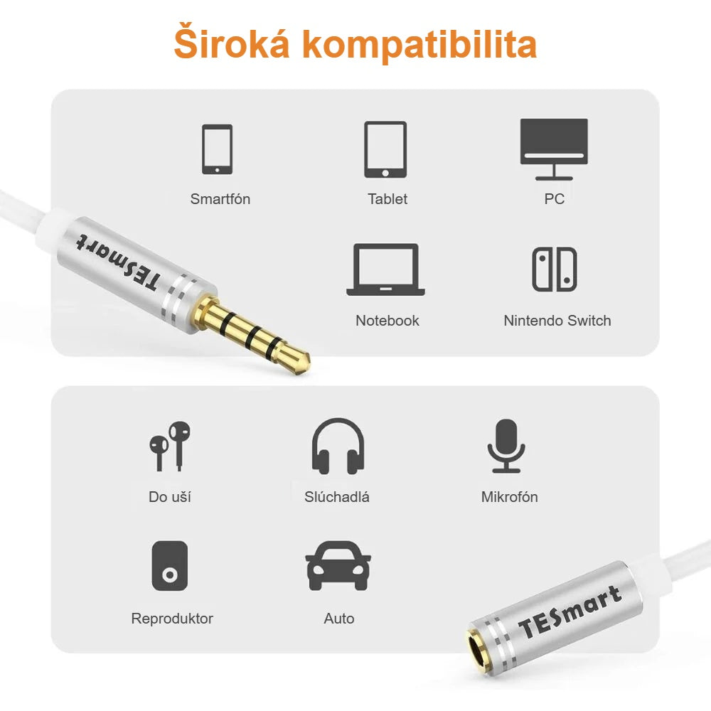 Zariadenia kompatibilné s predlžovacím káblom: telefón, tablet, notebook, slúchadlá, auto