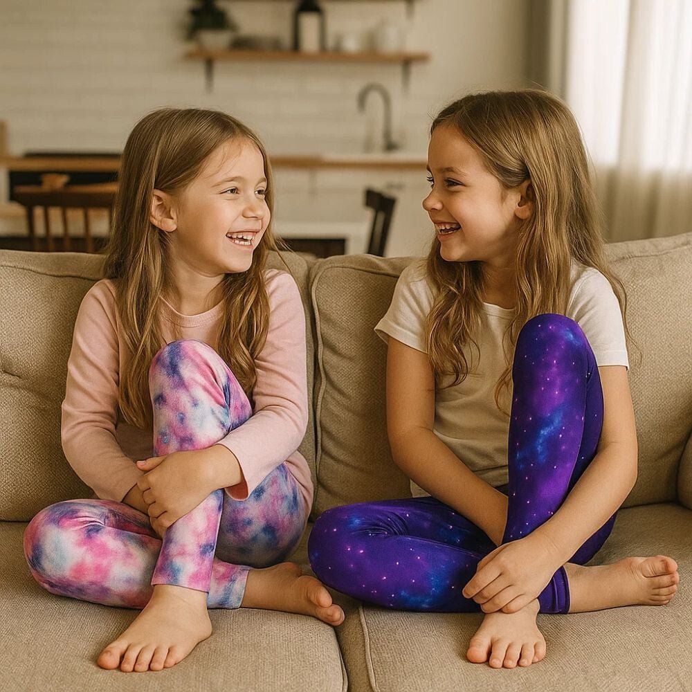 Galaxy-Motiv Fleecegefütterte Winter-Kinderleggings – 2 Thermohosen + 2 Haargummis