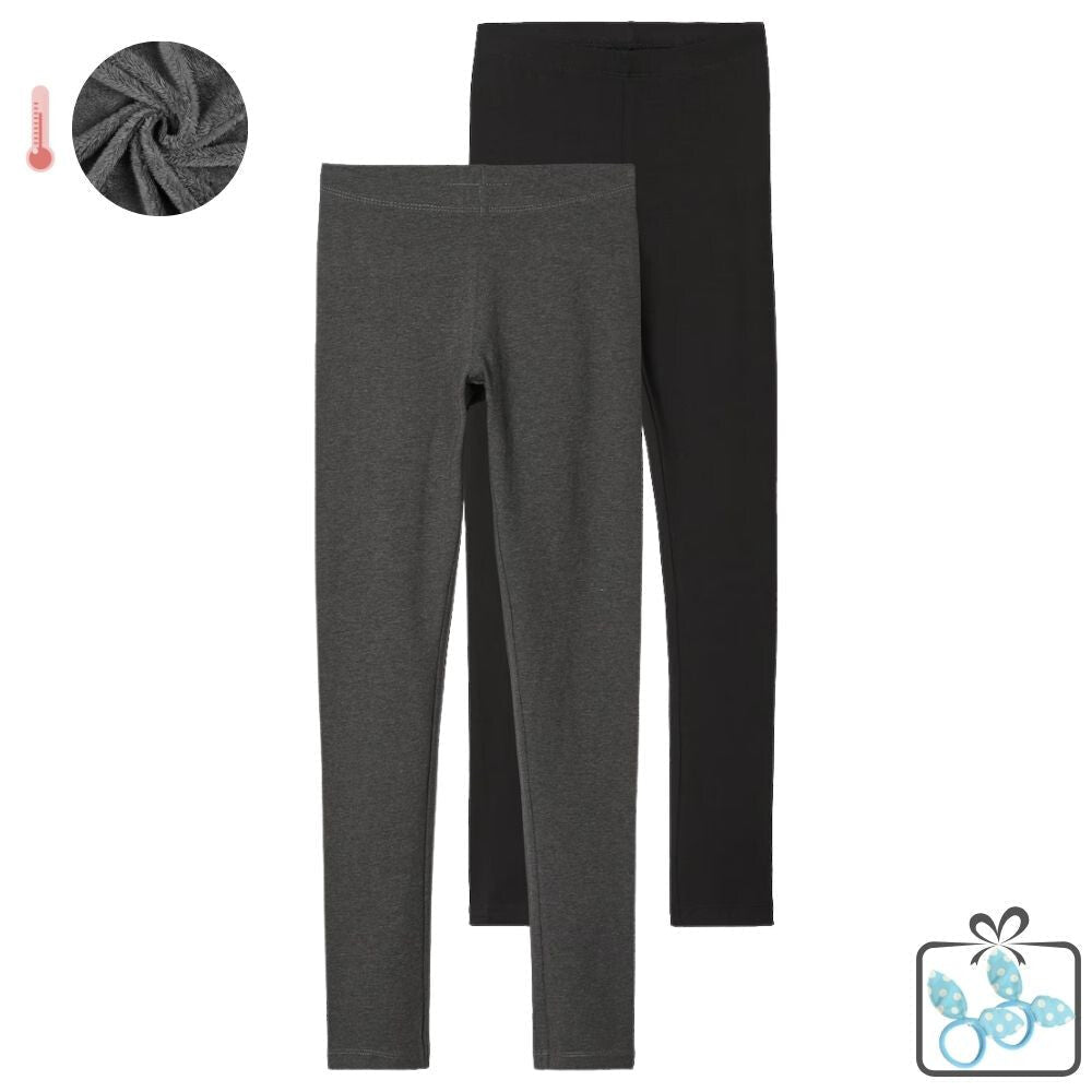 Kinder Thermo-Hosen-Set 2 Stück – Warme Winterleggings in Schwarz und Grau, mit Geschenk-Haargummi (150)