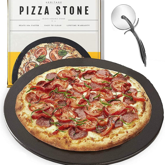 Heritage 38 cm Kerámia Pizza Sütőkő Szett - Tapadásmentes Pizza Stone Vágóval - Ropogós Pizza Sütőbe és Grillhez - BShopy
