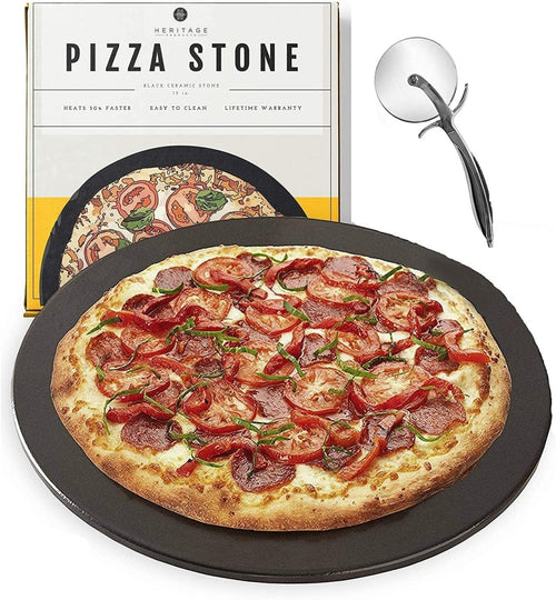 Heritage 38 cm Kerámia Pizza Sütőkő Szett - Tapadásmentes Pizza Stone Vágóval - Ropogós Pizza Sütőbe és Grillhez - BShopy