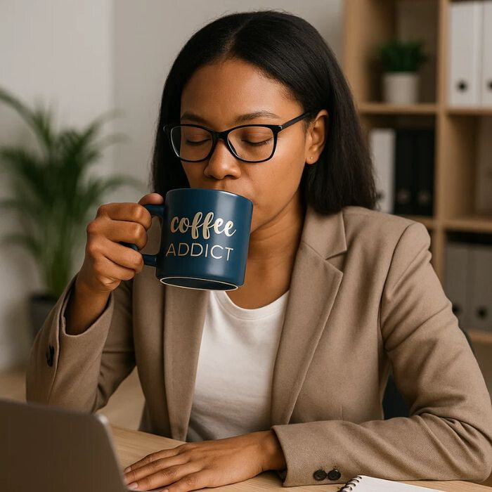 Coffee Addict Keramiktasse – 410 ml, Blau mit Goldschriftzug