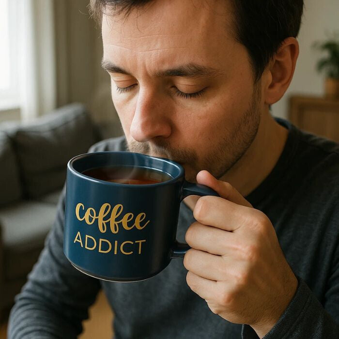 Coffee Addict Keramiktasse – 410 ml, Blau mit Goldschriftzug