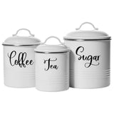 Konyhai tárolódoboz szett 3 db, fém – tea, kávé, cukor tároló fedéllel, Home Acre Designs