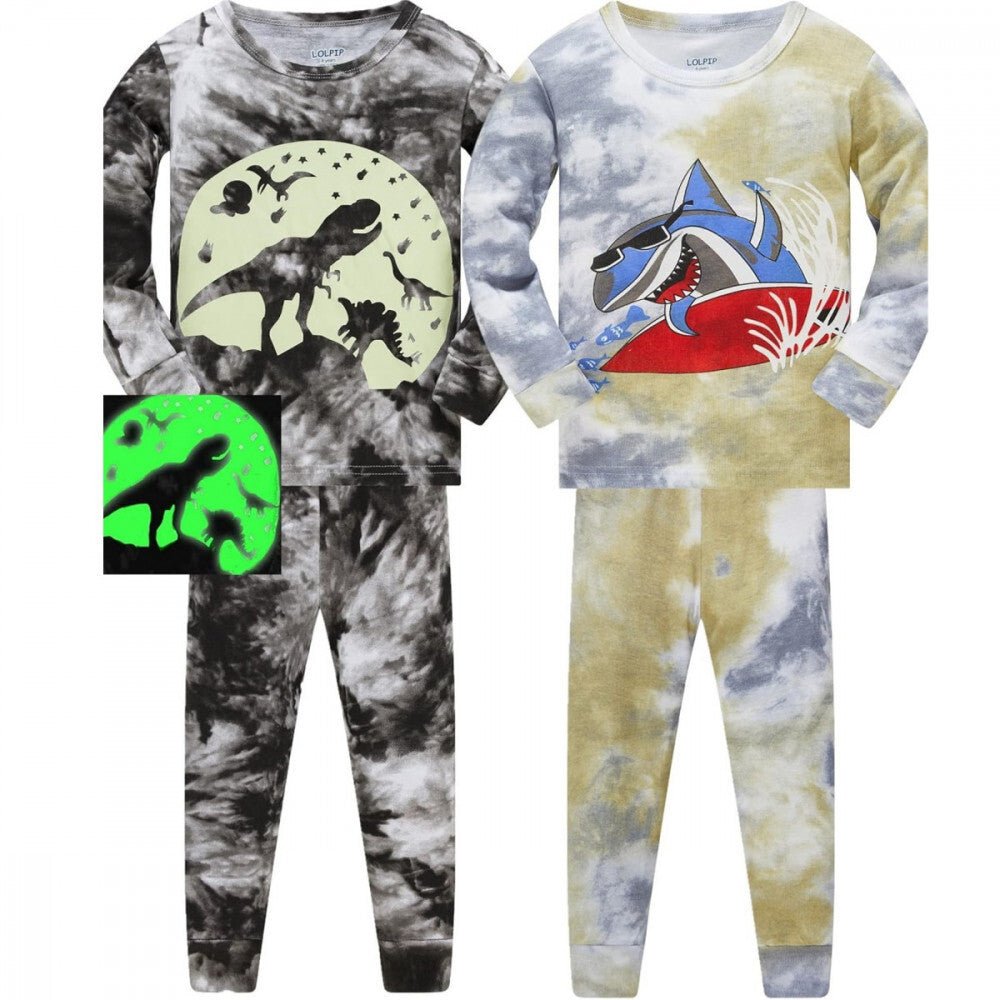 LOLPIP Langärmliges Baumwoll Jungen-Pyjama-Set 2 Stück (mit Hai- und Dino-Motiv)