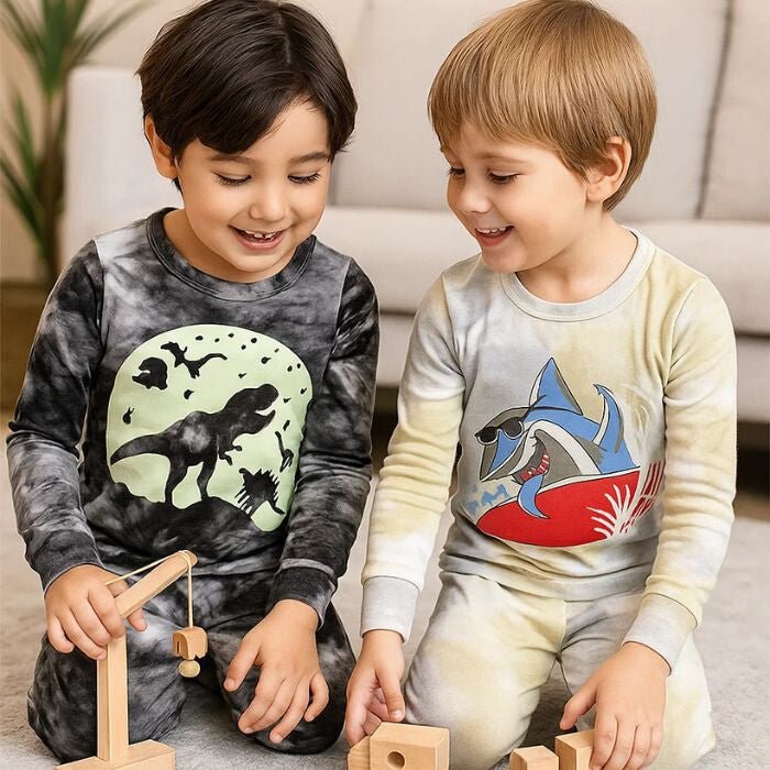 LOLPIP Langärmliges Baumwoll Jungen-Pyjama-Set 2 Stück (mit Hai- und Dino-Motiv)