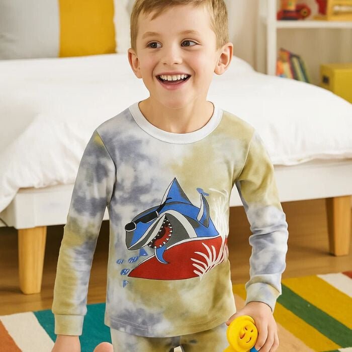 LOLPIP Langärmliges Baumwoll Jungen-Pyjama-Set 2 Stück (mit Hai- und Dino-Motiv)