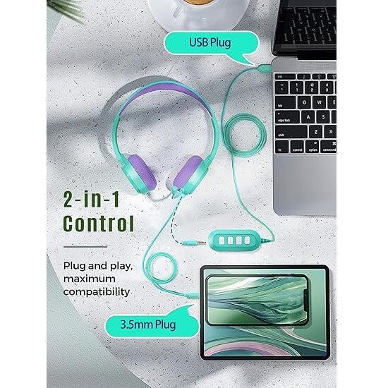 MPOW Kinder-Headset in Minz-Lila – Verstellbarer und bequemer Kopfhörer