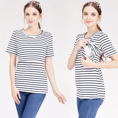 Damen Umstands Still-T-Shirt, Kurzarm Oberteil (Schwarz-Weiß Gestreift)