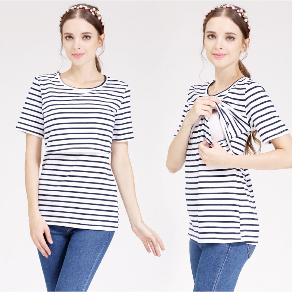 Damen Umstands Still-T-Shirt, Kurzarm Oberteil (Schwarz-Weiß Gestreift)