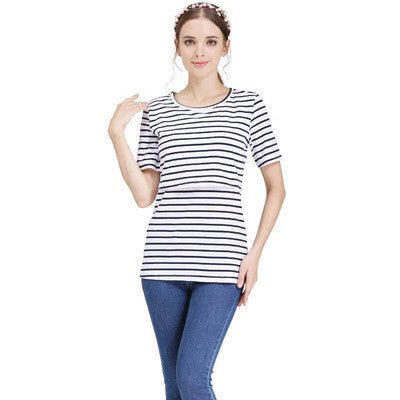 Damen Umstands Still-T-Shirt, Kurzarm Oberteil (Schwarz-Weiß Gestreift)