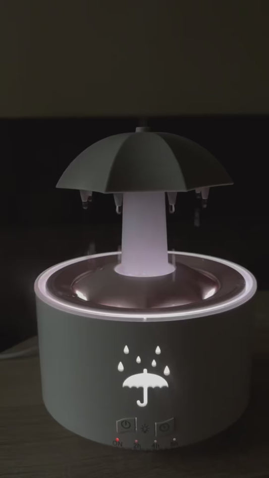 Aromadifuzér s efektem dešťových kapek, otočný deštník – barevné LED, ovladač, časovač, 300 ml