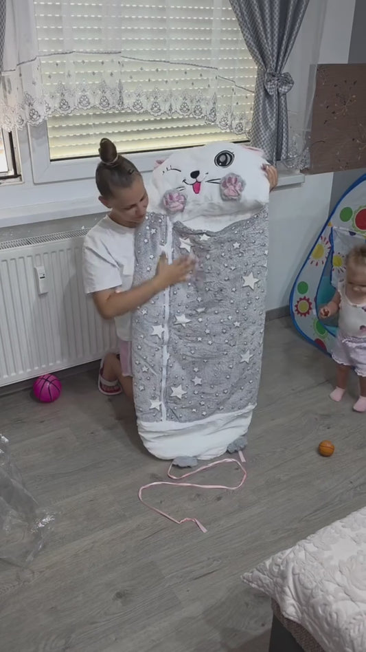 2-in-1 Kinder-Schlafsack und Kissen mit Tiermotiv – zusammenklappbarer Plüsch-Schlafsack für Kinder