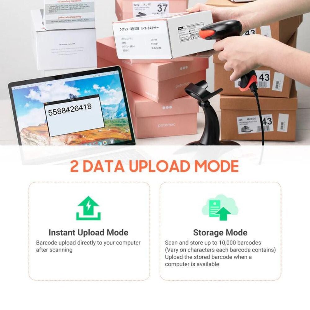 Tera HW0002-Z Kabelloser 1D/2D/QR Barcode-Scanner mit Ständer