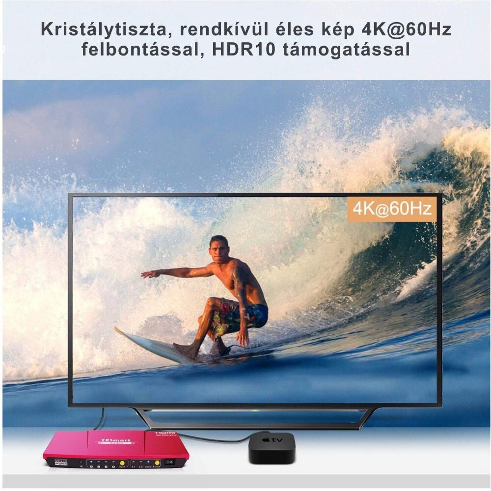 TESmart UHD HDMI Switch – 4x1 (4 Bemenet 1 Kimenet), 4K@60Hz, HDR10, Dolby Vision, S/PDIF, CEC, Audió Kimenettel (Korallpiros) - BShopy