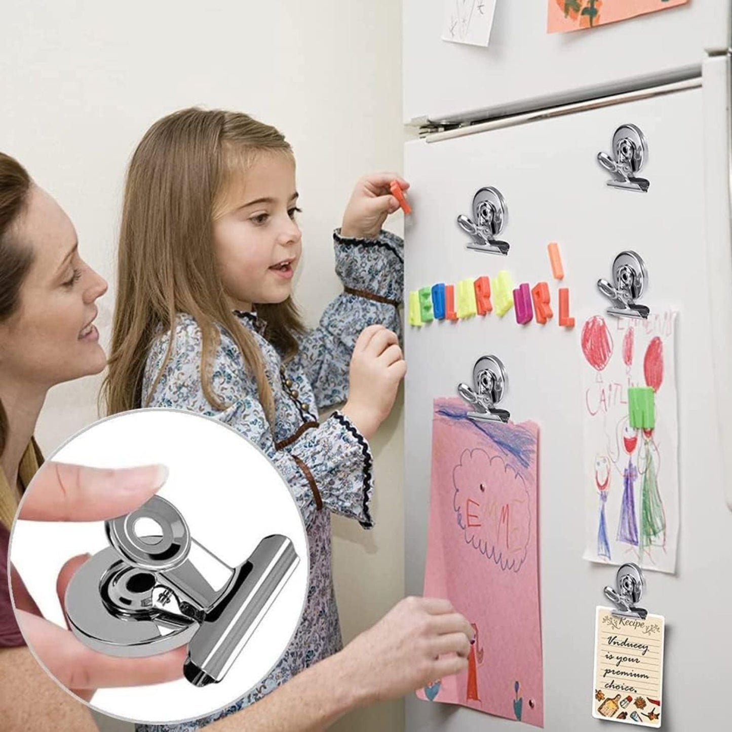 Magnetische Klammer-Set für Kühlschrank (12 Stück) + Notizbuch – Premium Organisationsset